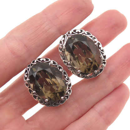 925 Sterling Silver Vintage Real Smoky Quartz Heart Ornate Bezel Earrings