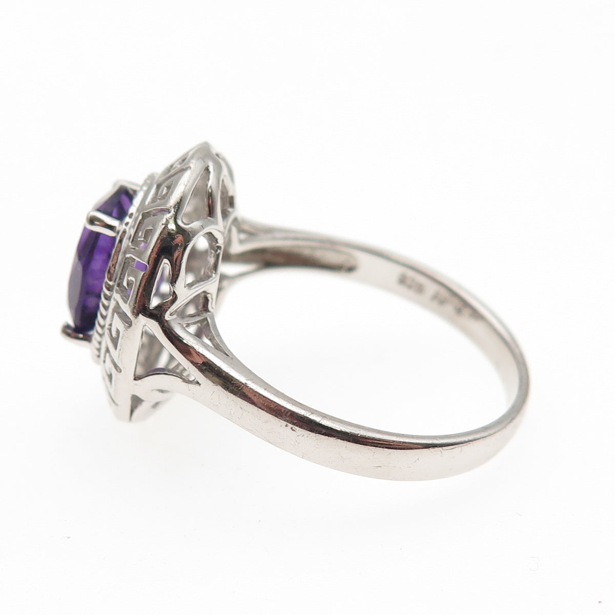 925 Sterling Silver Real Oval-Cut Amethyst Greek Key Ring Size 9
