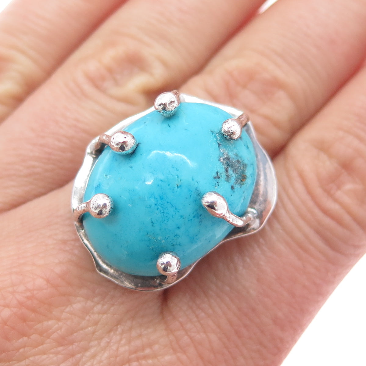 925 Sterling Silver Vintage HOB Mexico Real Turquoise Adjustable Ring Size 7.5