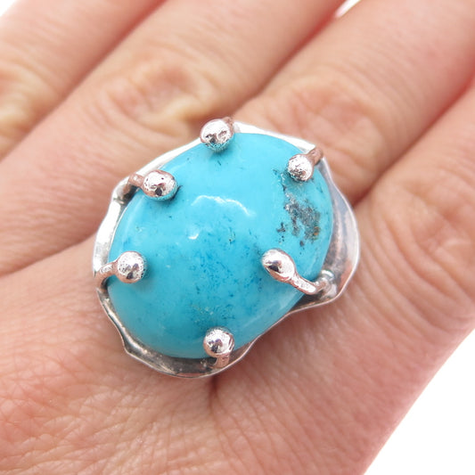 925 Sterling Silver Vintage HOB Mexico Real Turquoise Adjustable Ring Size 7.5