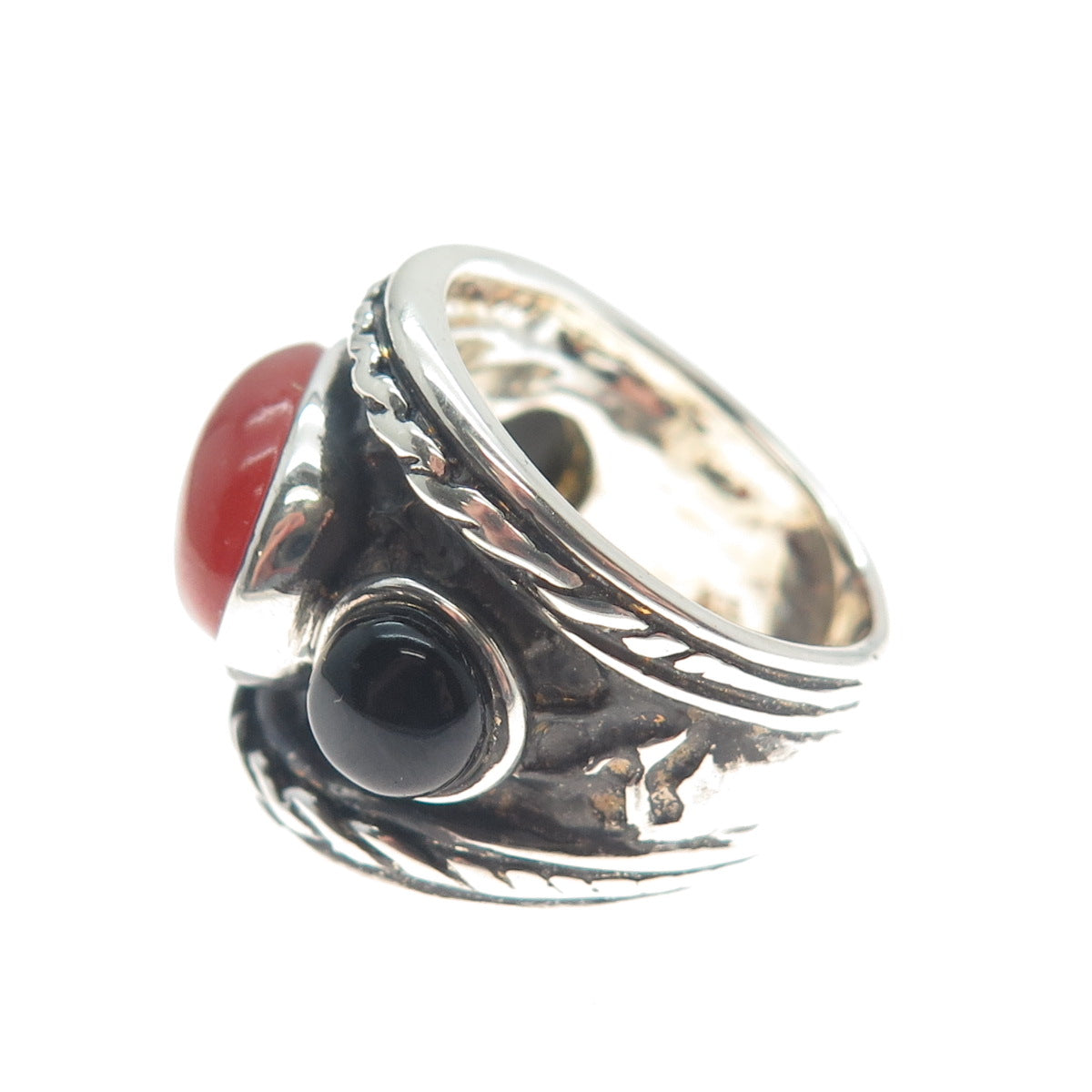 925 Sterling Silver Vintage WW Hong Kong Real Red Jade & Black Onyx Ring Size 6