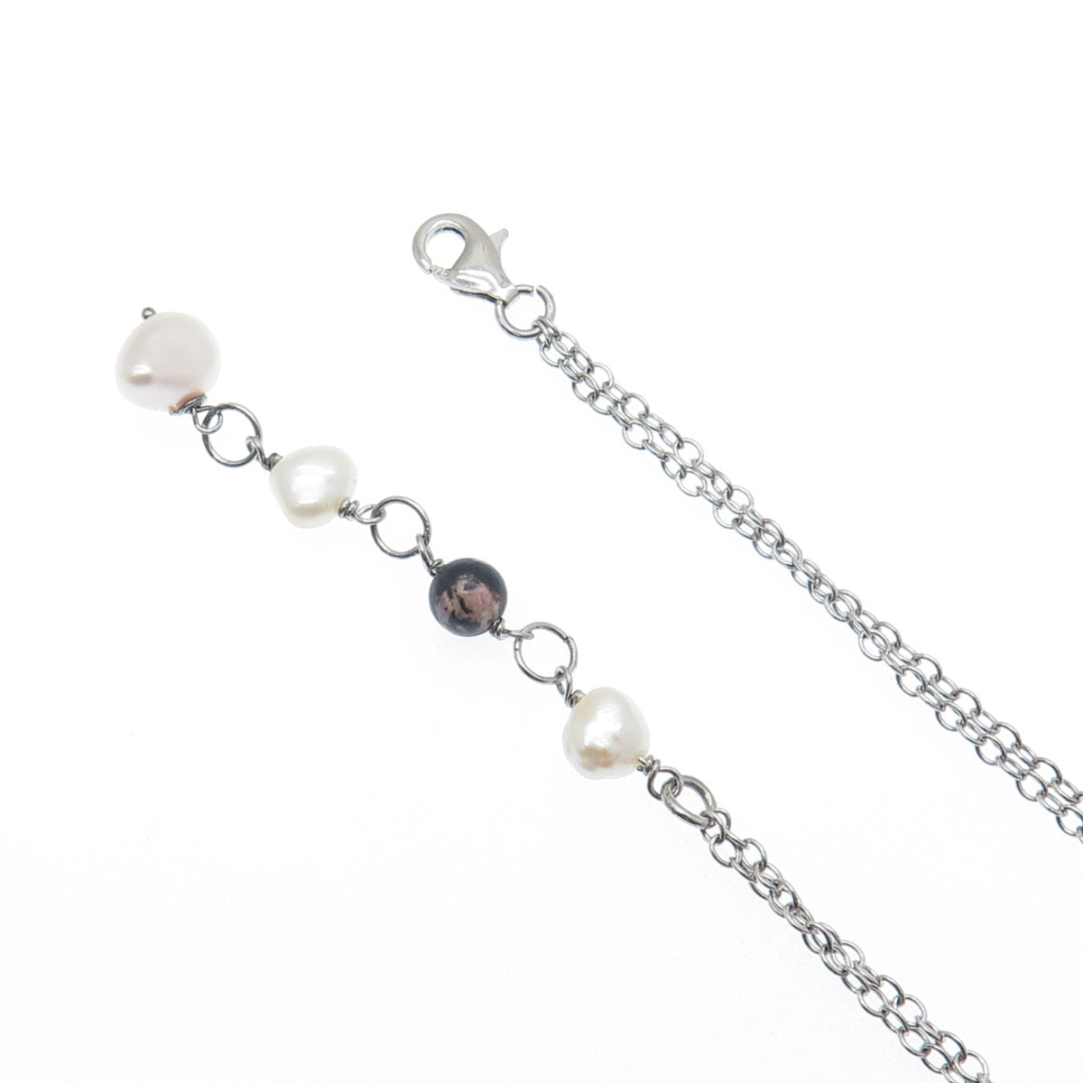 925 Sterling Silver Vintage Real Pearl Quartz & Rhodonite Tassel Necklace 16-18"