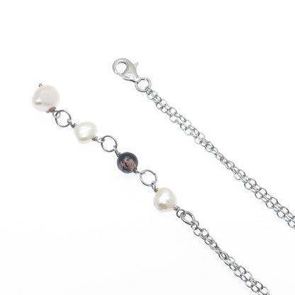 925 Sterling Silver Vintage Real Pearl Quartz & Rhodonite Tassel Necklace 16-18"