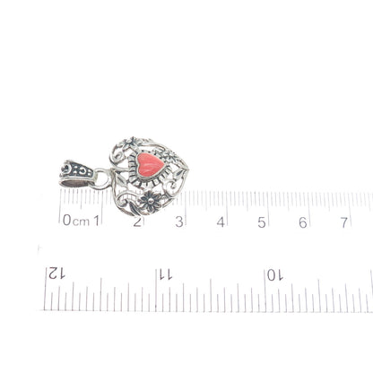 925 Sterling Silver Vintage Real Rhodonite Gemstone Flower Heart Pendant