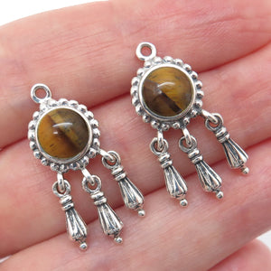 925 Sterling Silver Vintage Real Tiger Eye Modernist Dangle Jacket Earrings