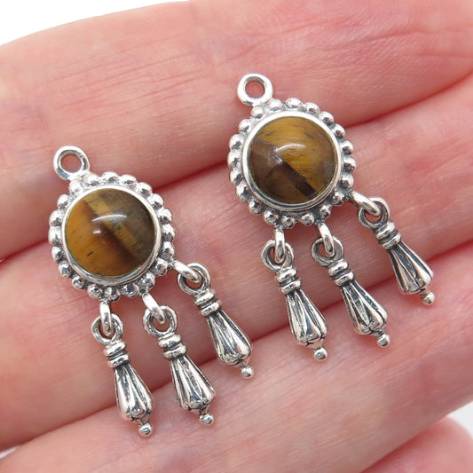 925 Sterling Silver Vintage Real Tiger Eye Modernist Dangle Jacket Earrings