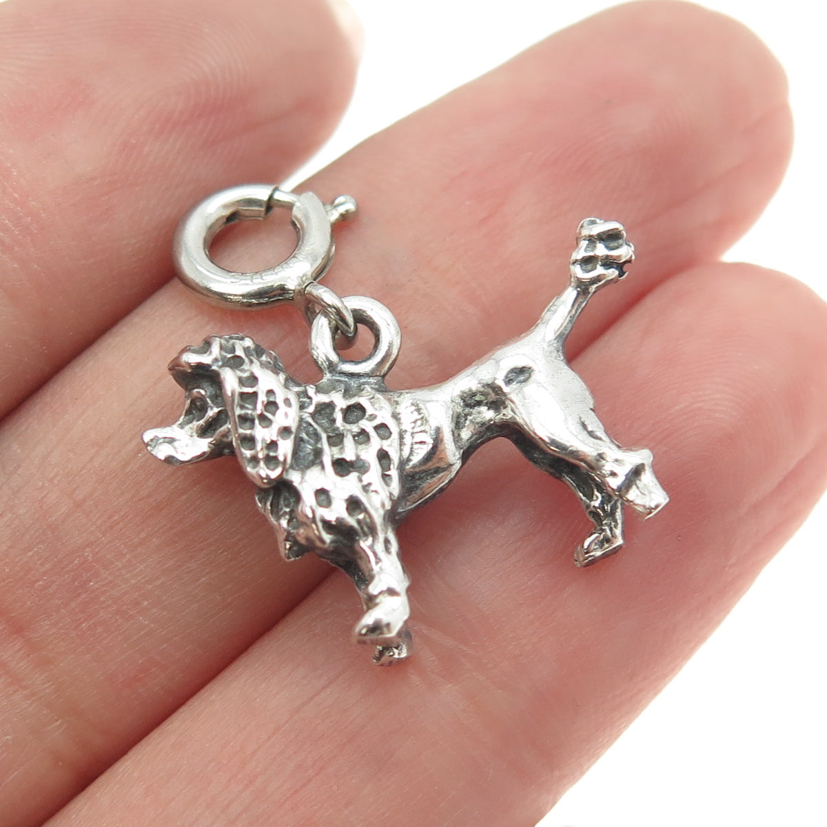 925 Sterling Silver Vintage Poodle Dog Spring Ring Lock Charm Pendant