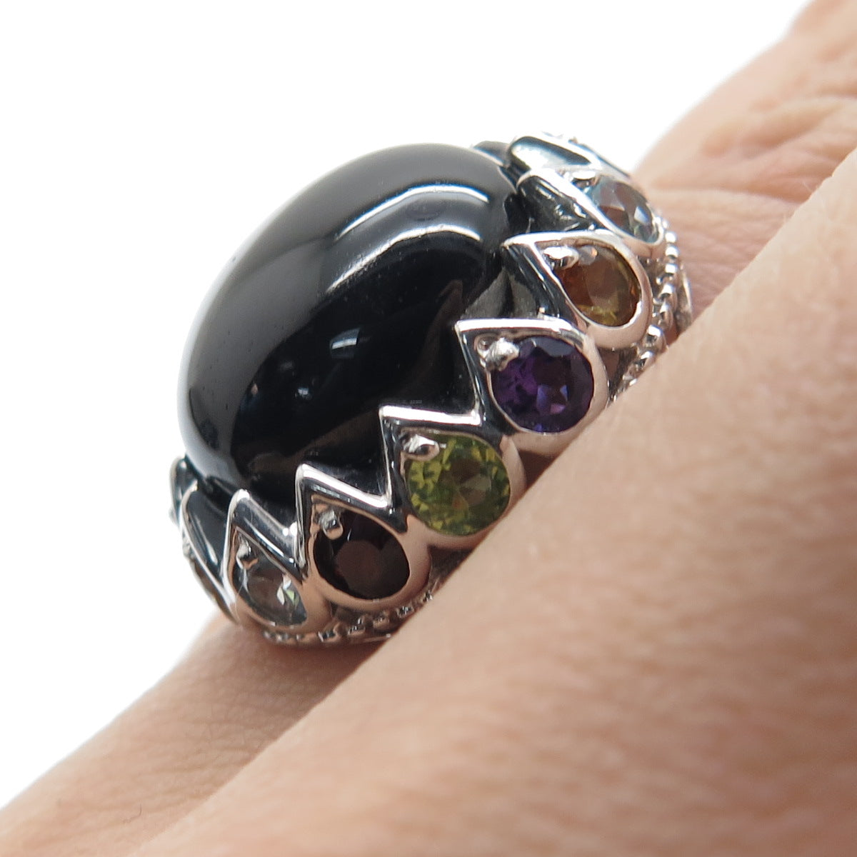 925 Sterling Silver Real Onyx Topaz Amethyst Citrine Peridot Garnet Ring Size 6