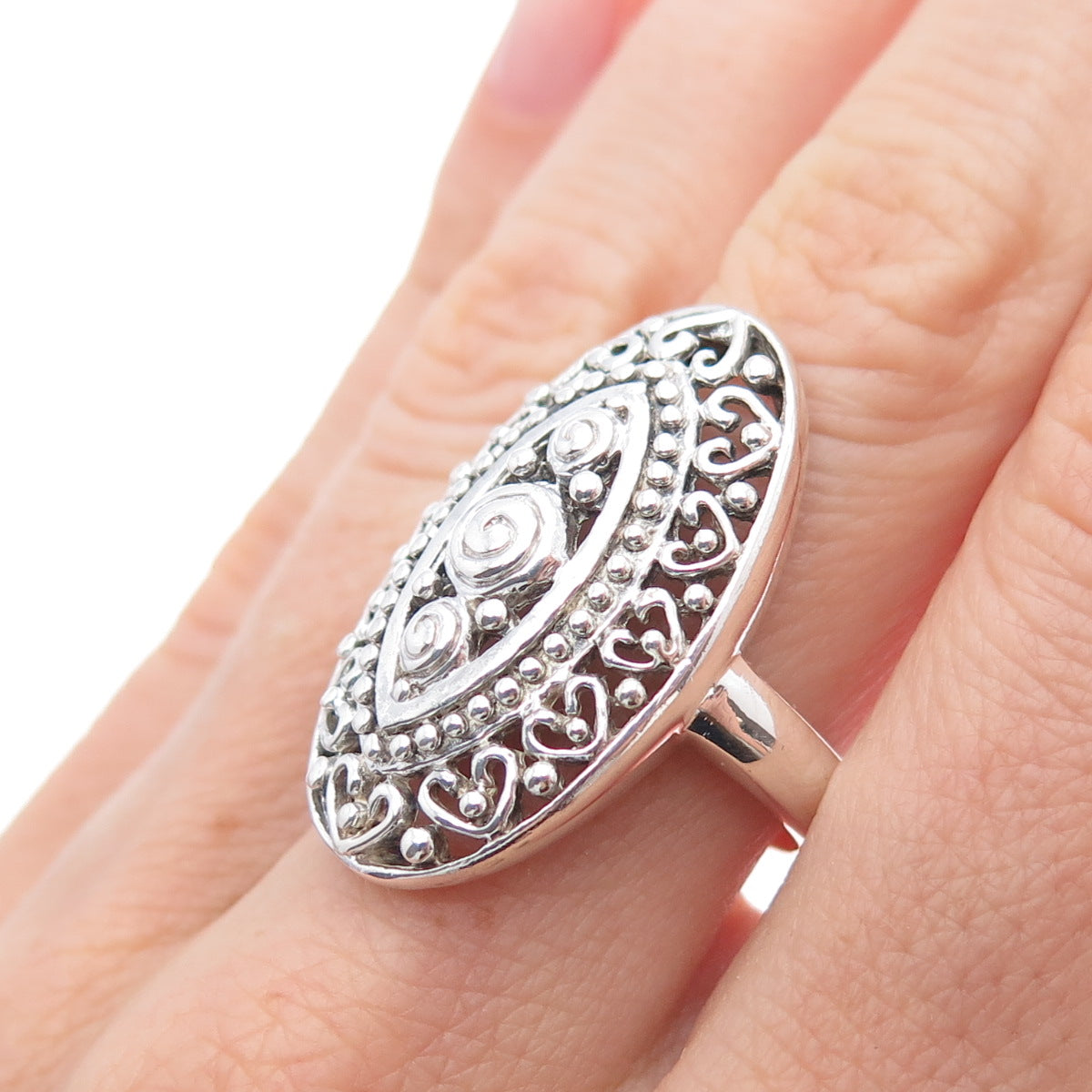KEN CRAFTS 925 Sterling Silver Vintage Rose Flower Heart Oxidized Ring Size 6.75