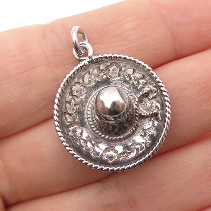 925 Sterling Silver Vintage Mexico Sombrero Oxidized 3D Charm Pendant