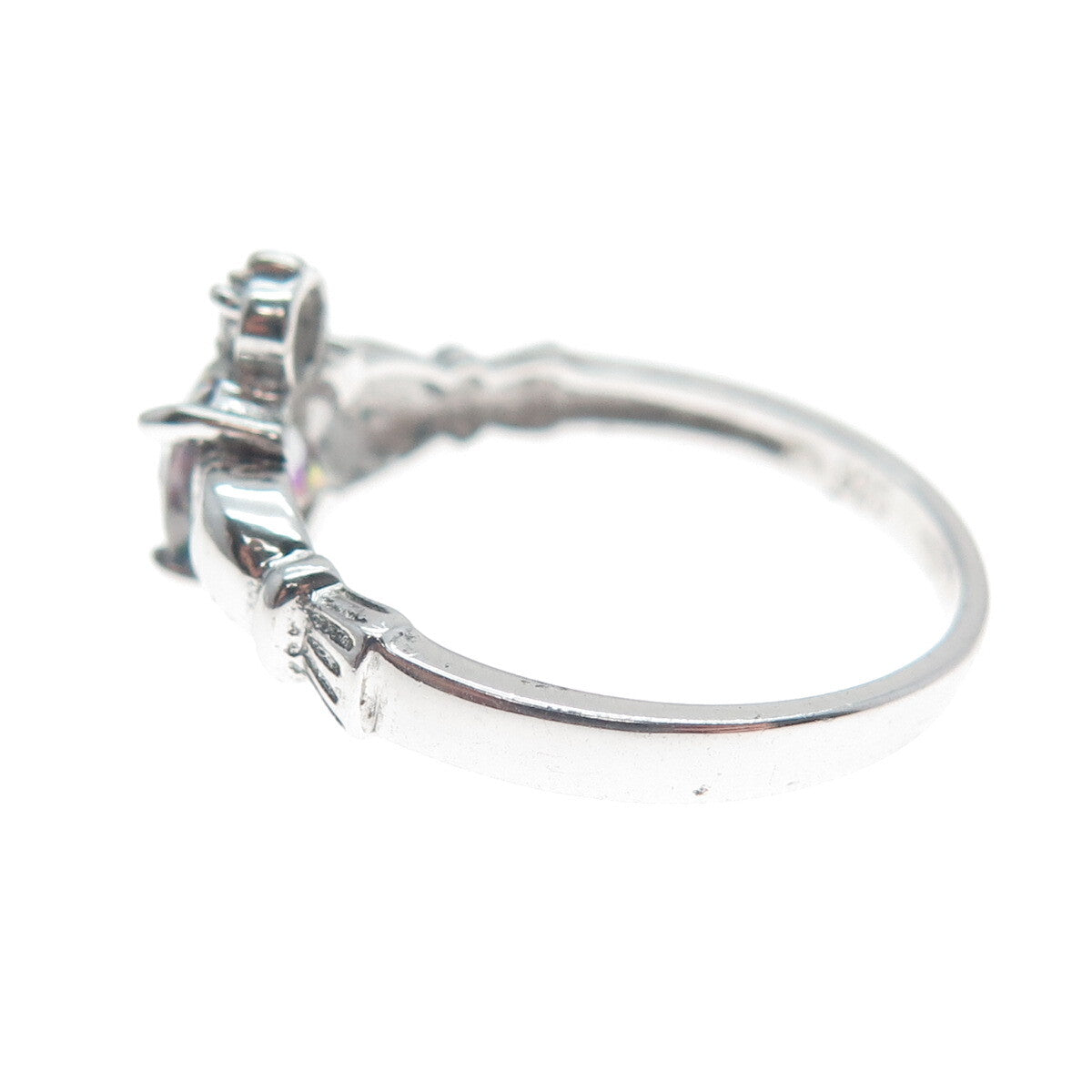 925 Sterling Silver Heart-Cut Mystic Quartz & C Z Irish Claddagh Ring Size 7.5