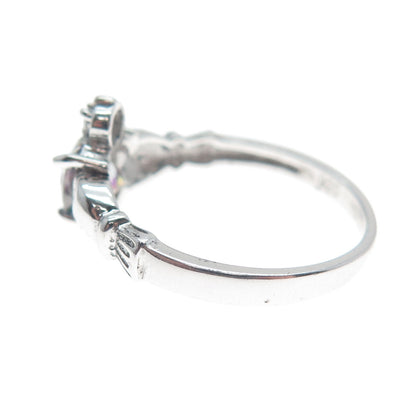 925 Sterling Silver Heart-Cut Mystic Quartz & C Z Irish Claddagh Ring Size 7.5