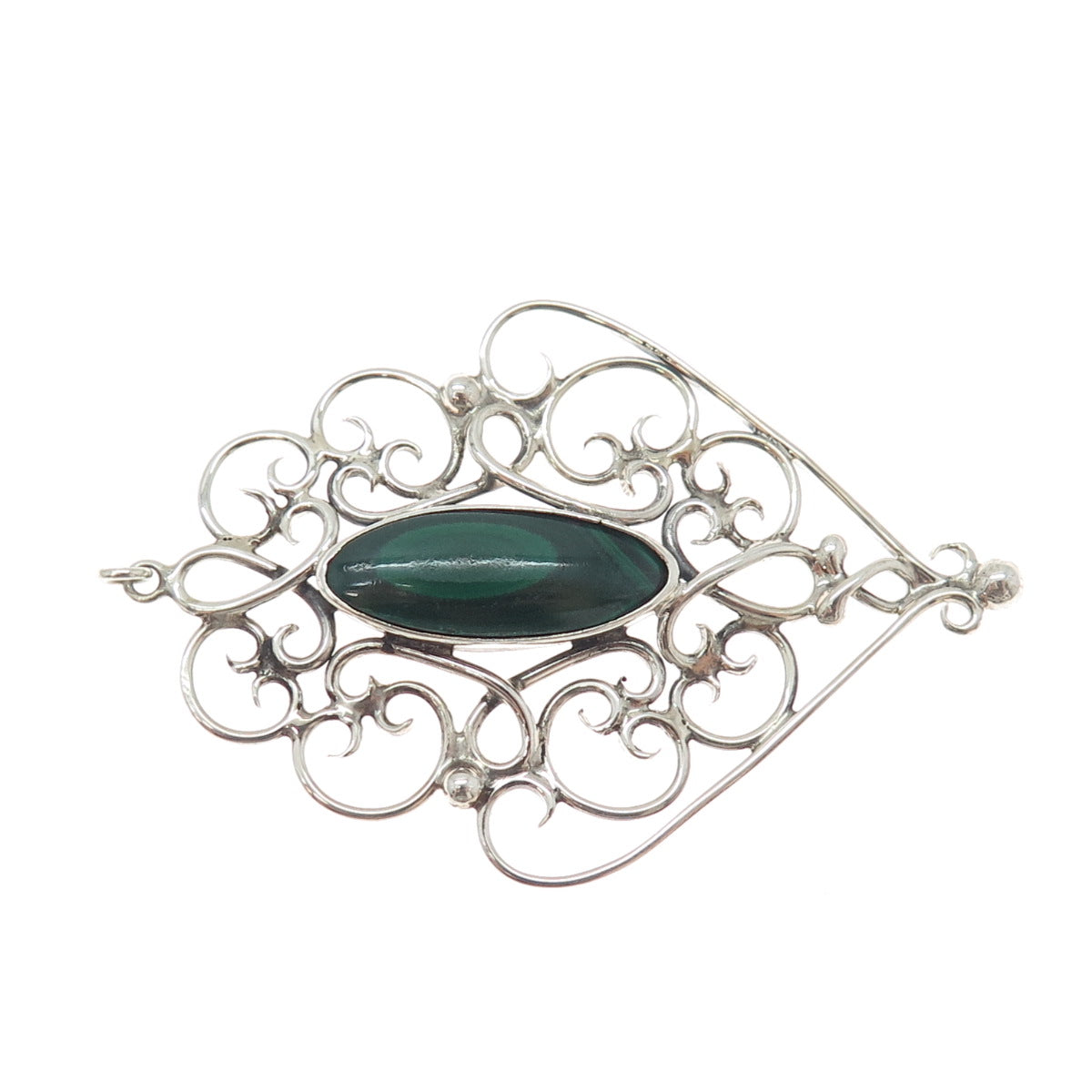 925 Sterling Silver Vintage Real Malachite Swirl Ornate Charm Pendant