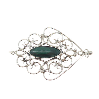 925 Sterling Silver Vintage Real Malachite Swirl Ornate Charm Pendant