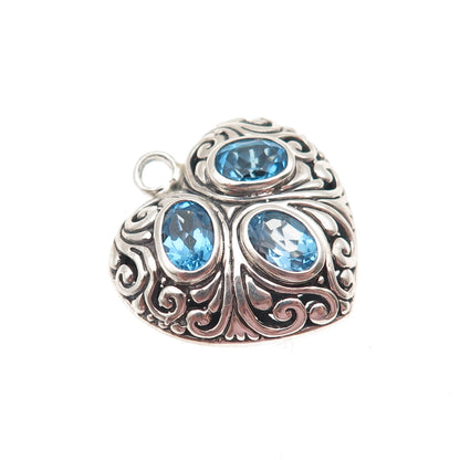 925 Sterling Silver Vintage Real Oval-Cut Blue Topaz Heart Swirl Charm Pendant