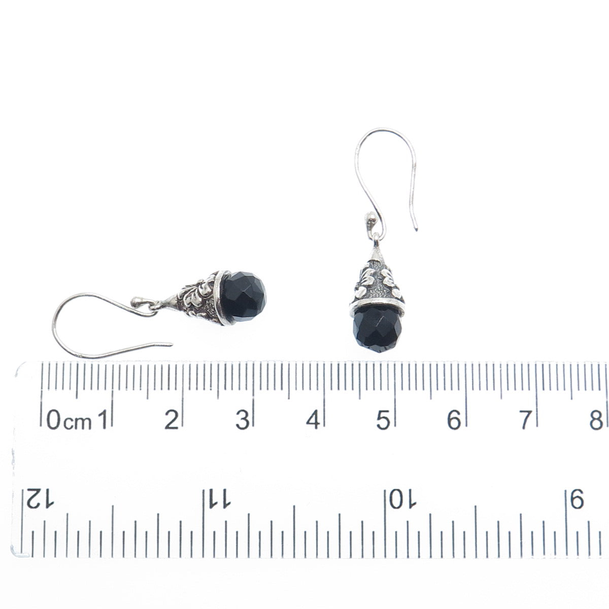 925 Sterling Silver Vintage Real Black Spinel Gemstone Floral Dangle Earrings