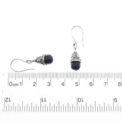925 Sterling Silver Vintage Real Black Spinel Gemstone Floral Dangle Earrings