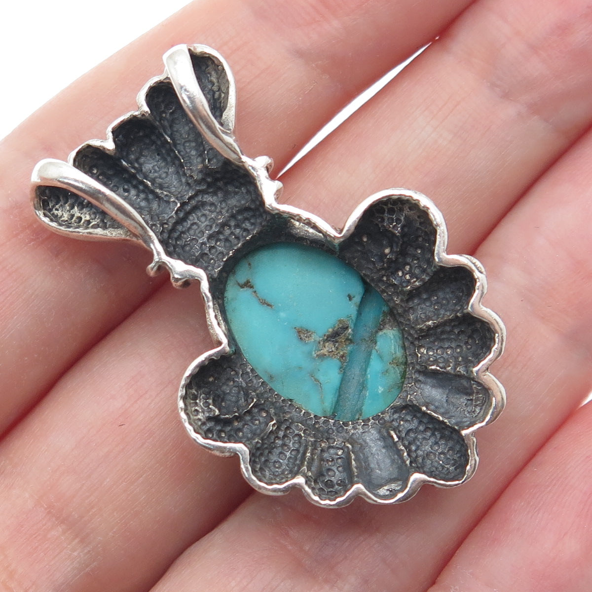 925 Sterling Silver Vintage Real Morenci Turquoise Ribbed Oxidized Slide Pendant