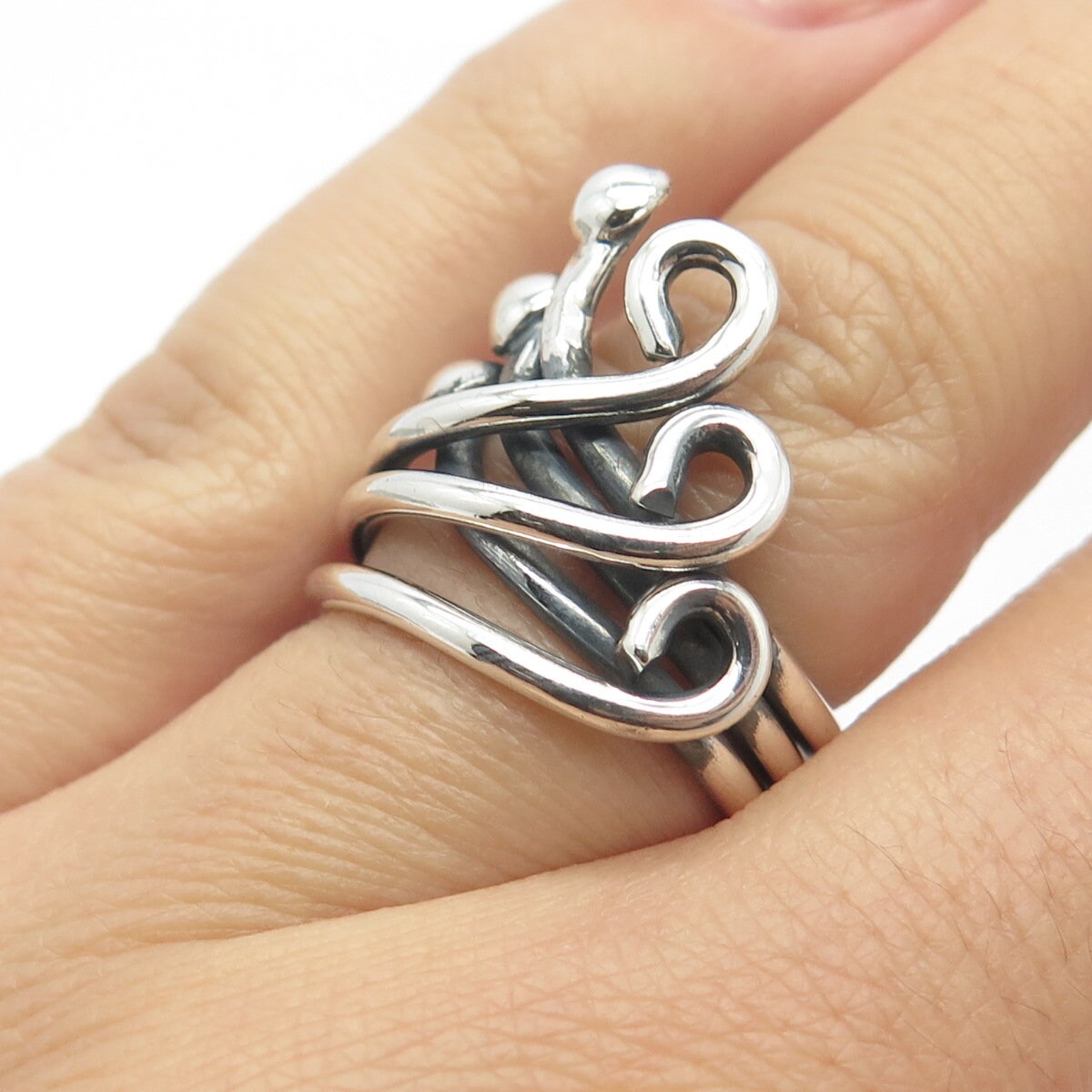 925 Sterling Silver Vintage Three-Row Swirl & Beaded Ring Size 6.5