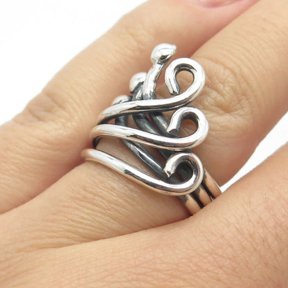 925 Sterling Silver Vintage Three-Row Swirl & Beaded Ring Size 6.5