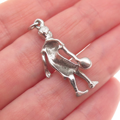 925 Sterling Silver Vintage Real Pearl Female Bowler Oxidized Charm Pendant