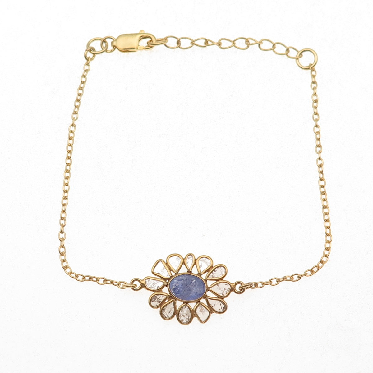 925 Sterling Silver Gold Plated Real Rose-Cut Diamond & Tanzanite Bracelet 7-8"
