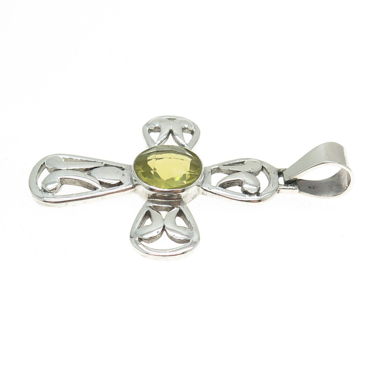 925 Sterling Silver Vintage Real Lime Citrine Gemstone Cross Pendant