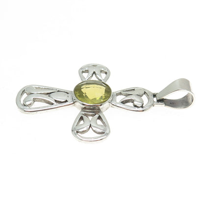 925 Sterling Silver Vintage Real Lime Citrine Gemstone Cross Pendant