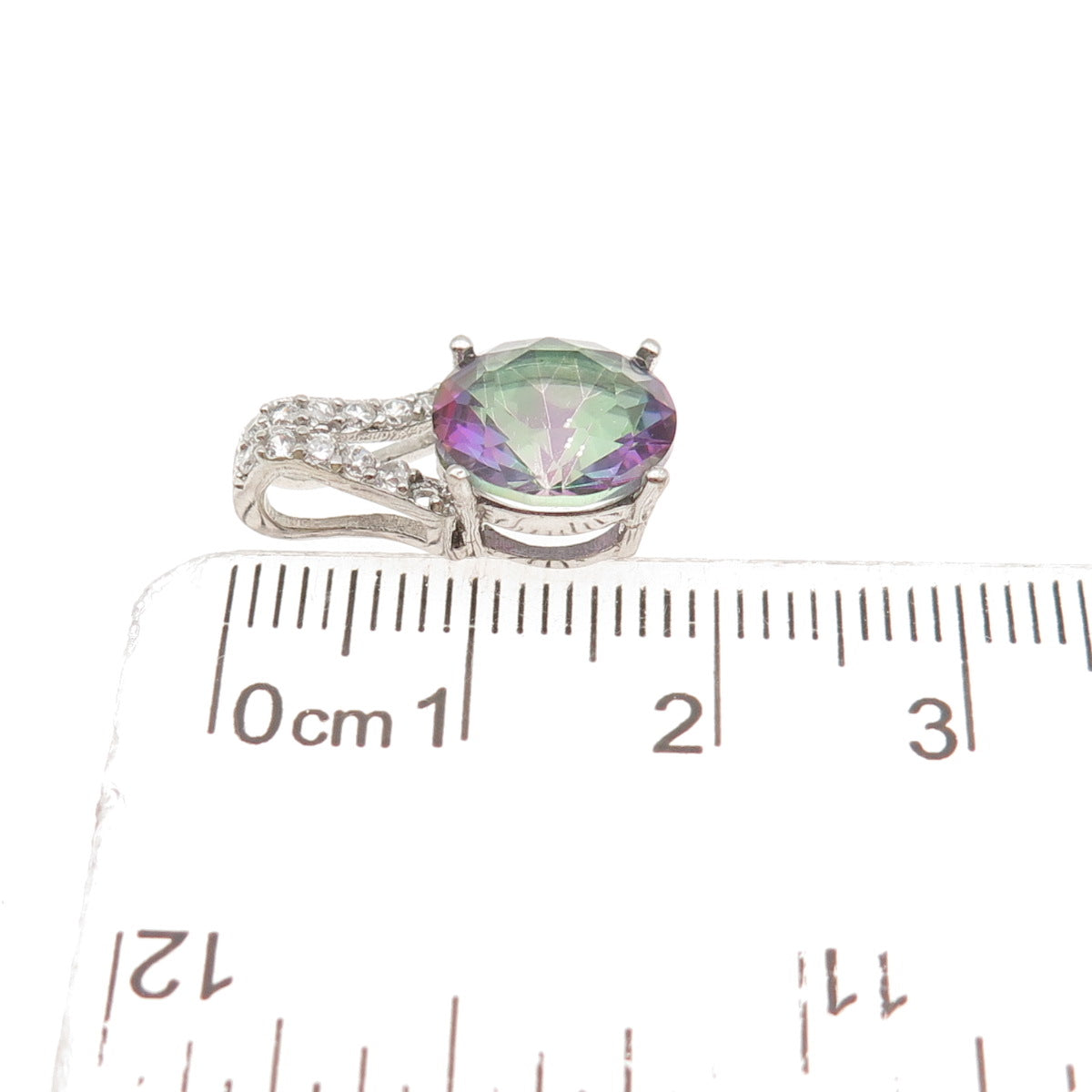 925 Sterling Silver Real Round-Cut Mystic Quartz & C Z Mini Slide Charm Pendant