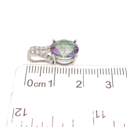 925 Sterling Silver Real Round-Cut Mystic Quartz & C Z Mini Slide Charm Pendant
