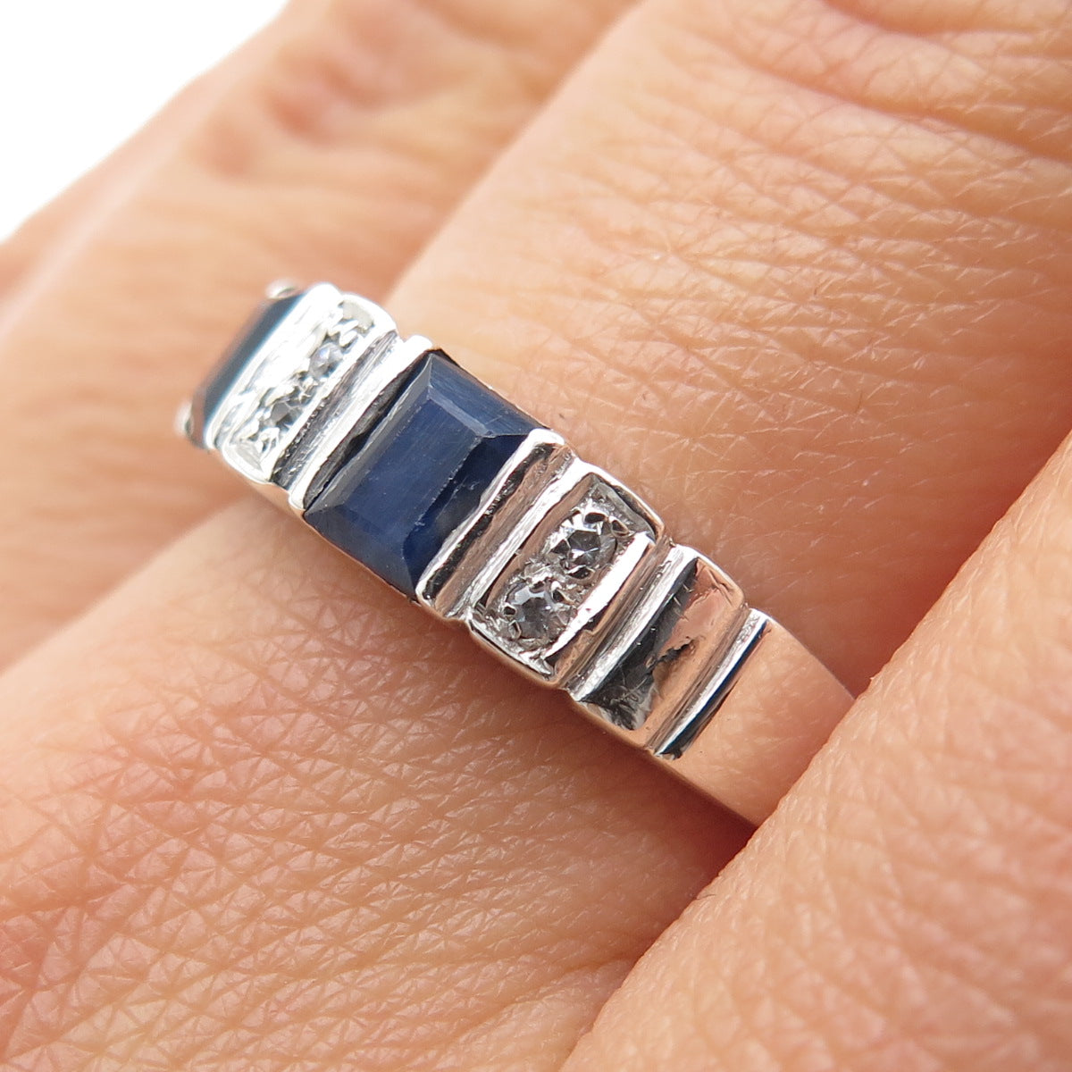 925 Sterling Silver Real Round-Cut White Topaz Emerald-Cut Sapphire Ring Size 8