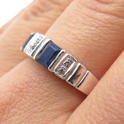 925 Sterling Silver Real Round-Cut White Topaz Emerald-Cut Sapphire Ring Size 8