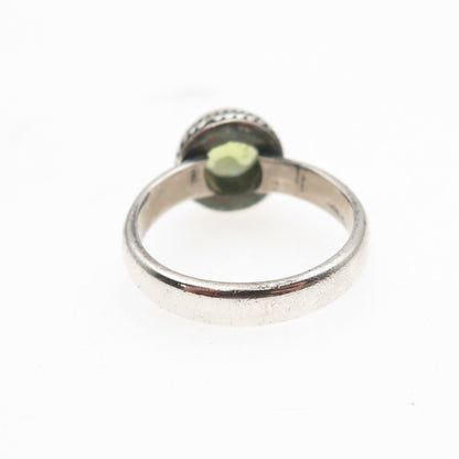 925 Sterling Silver Vintage Real Round-Cut Peridot Oxidized Ring Size 6.75