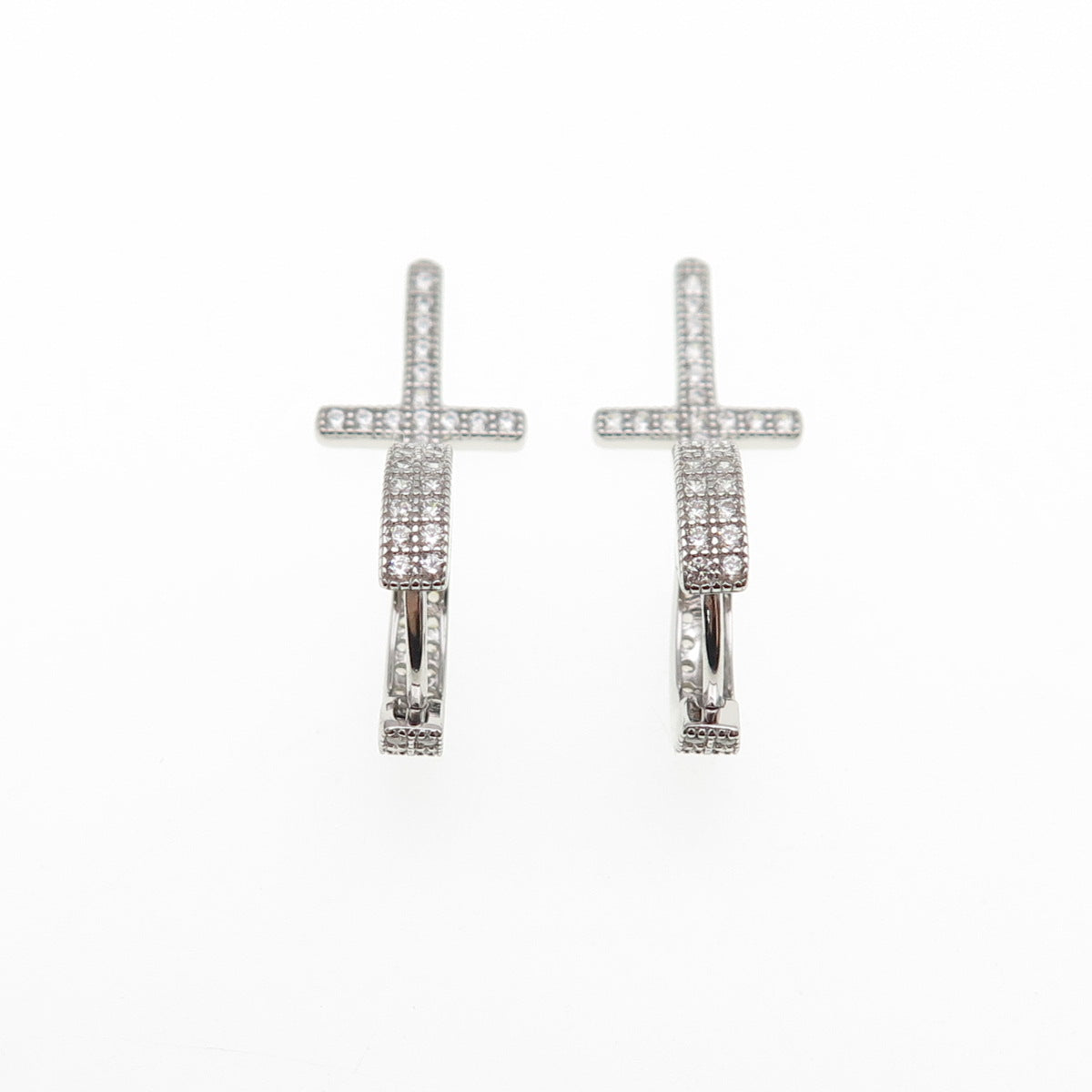 925 Sterling Silver Round-Cut C Z Cross Dangle Hoop Earrings