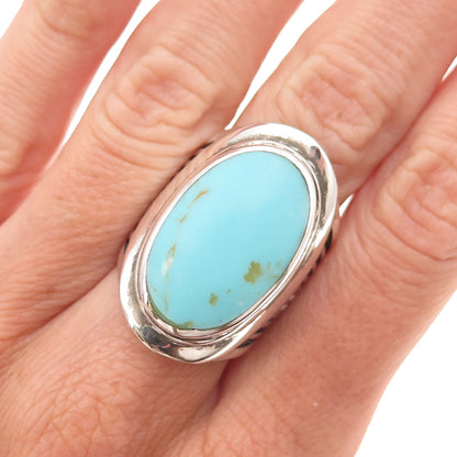 Ken Crafts 925 Sterling Silver Vintage Real Turquoise Oxidized Ring Size 6.75