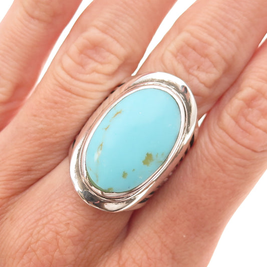 Ken Crafts 925 Sterling Silver Vintage Real Turquoise Oxidized Ring Size 6.75