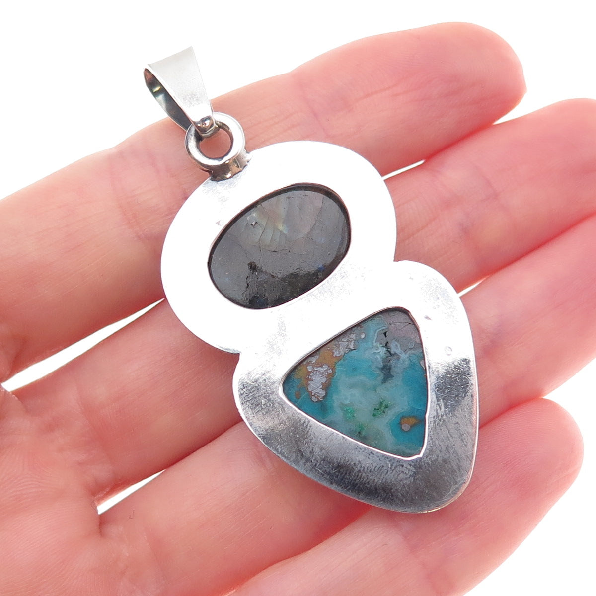 925 Sterling Silver Vintage Real Labradorite & Agate Modernist Oxidized Pendant