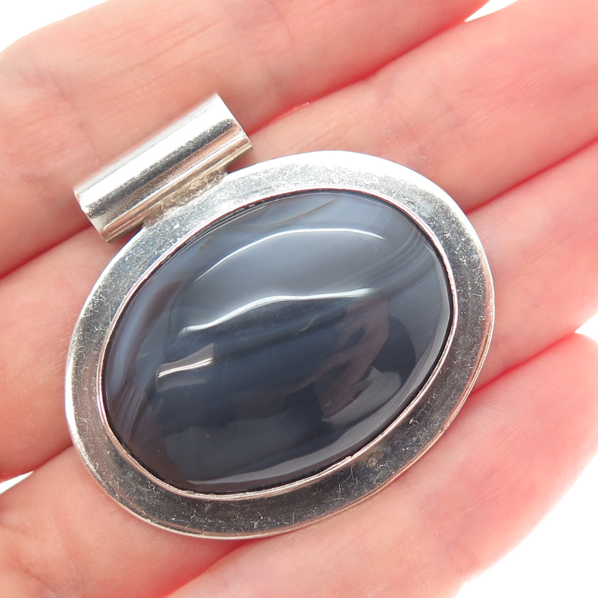 925 Sterling Silver Vintage Mexico Real Botswana Agate Modernist Slide Pendant