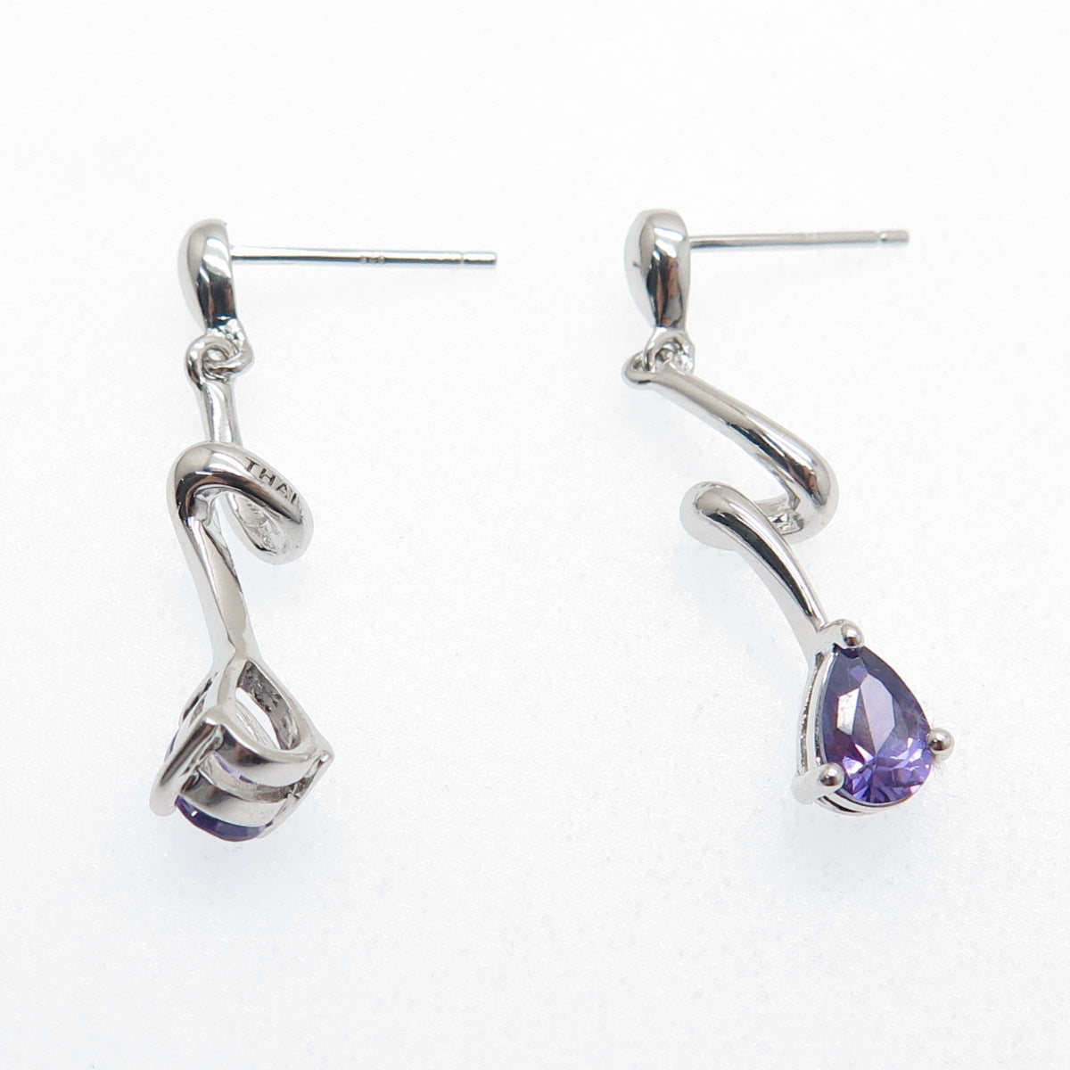 925 Sterling Silver Real Pear-Cut Amethyst Zig Zag Dangle Earrings