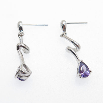 925 Sterling Silver Real Pear-Cut Amethyst Zig Zag Dangle Earrings