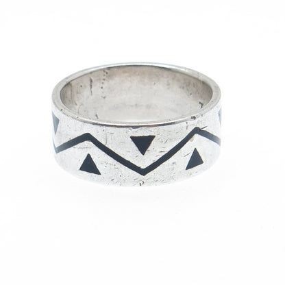 925 Sterling Silver Vintage Mexico Enamel Zig Zag Oxidized Band Ring Size 12.75