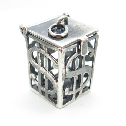925 Sterling Silver Vintage Dollar Sign Box Locket 3D Pendant