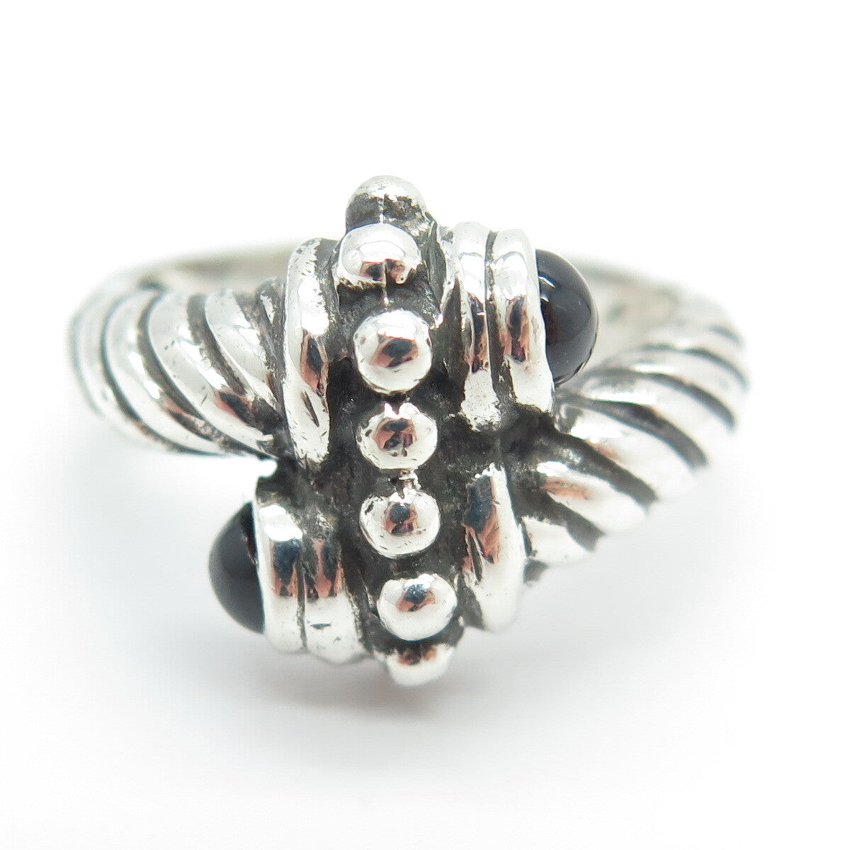 925 Sterling Silver Vintage Real Red Garnet Bypass Twisted Rope Ring Size 7.75