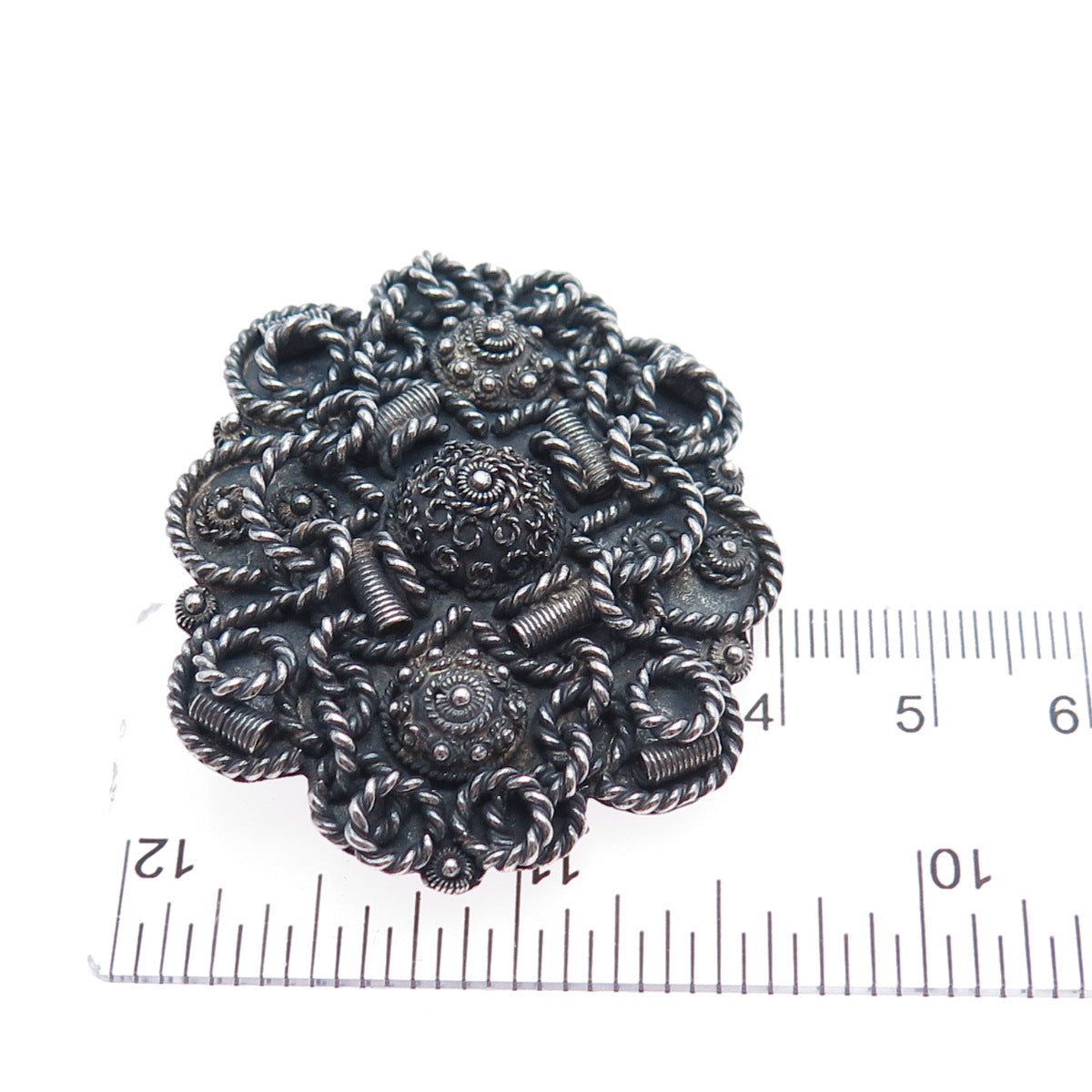 925 Sterling Silver Vintage Israel Cannetille Flower Oxidized Brooch / Pendant