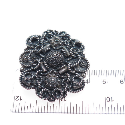 925 Sterling Silver Vintage Israel Cannetille Flower Oxidized Brooch / Pendant