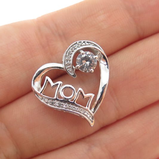 925 Sterling Silver Real Round-Cut Diamond & White Topaz Mom Heart Slide Pendant