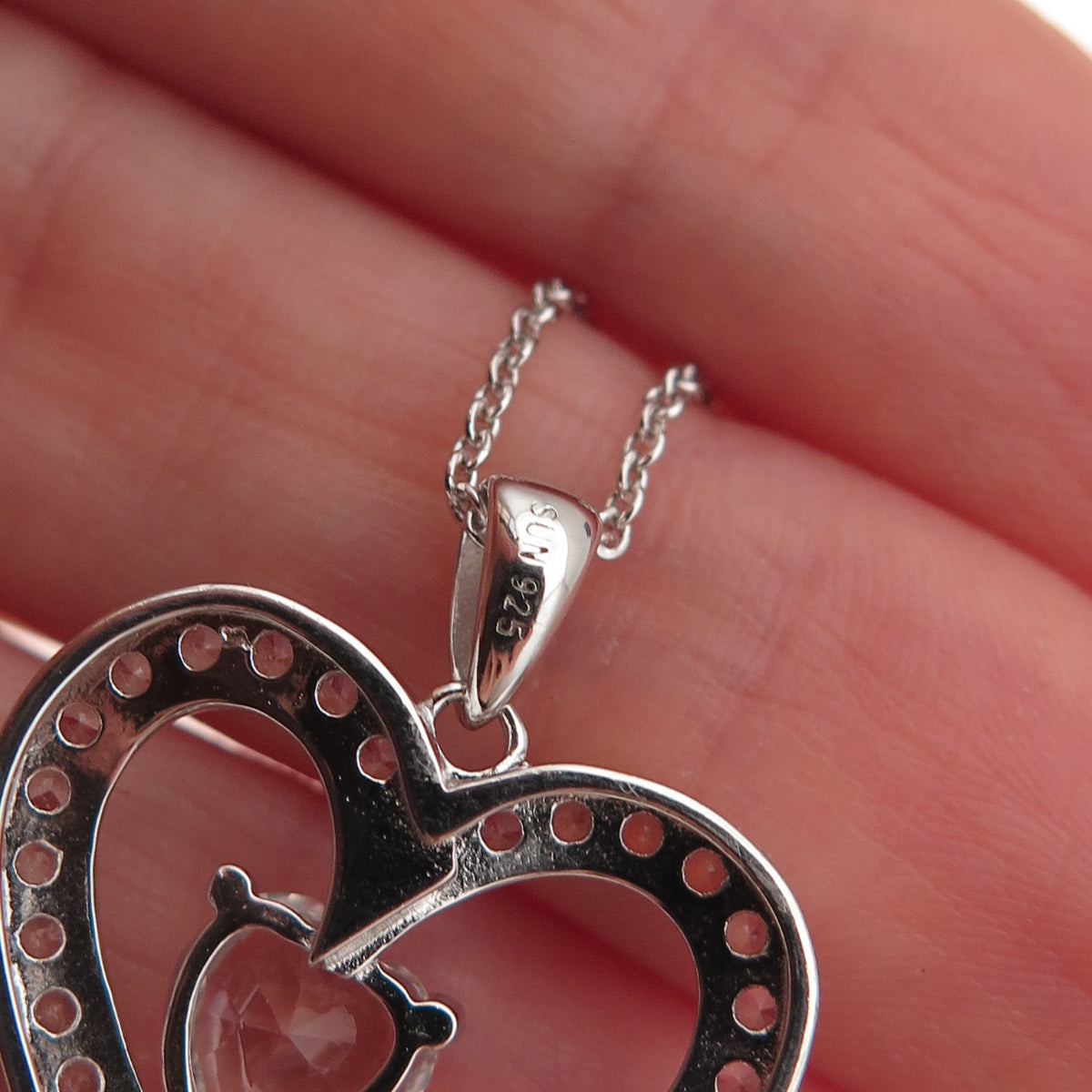 Sun 925 Sterling Silver Real White Topaz Heart Cable Chain Necklace 18"