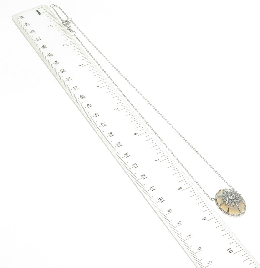 925 Sterling Silver Real MOP & Round-Cut C Z Floral Cable Chain Necklace 16-18"