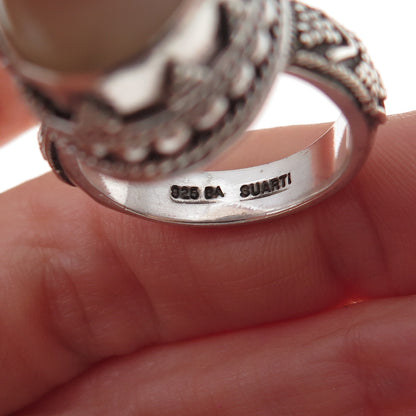 Suarti Bali Sterling Silver Vintage Real MOP Granulated Oxidized Ring Size 8.75