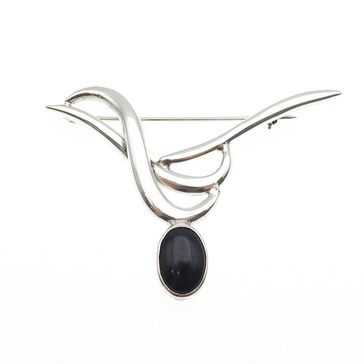 925 Sterling Silver Vintage Mexico Real Black Onyx Modernist Pin Brooch